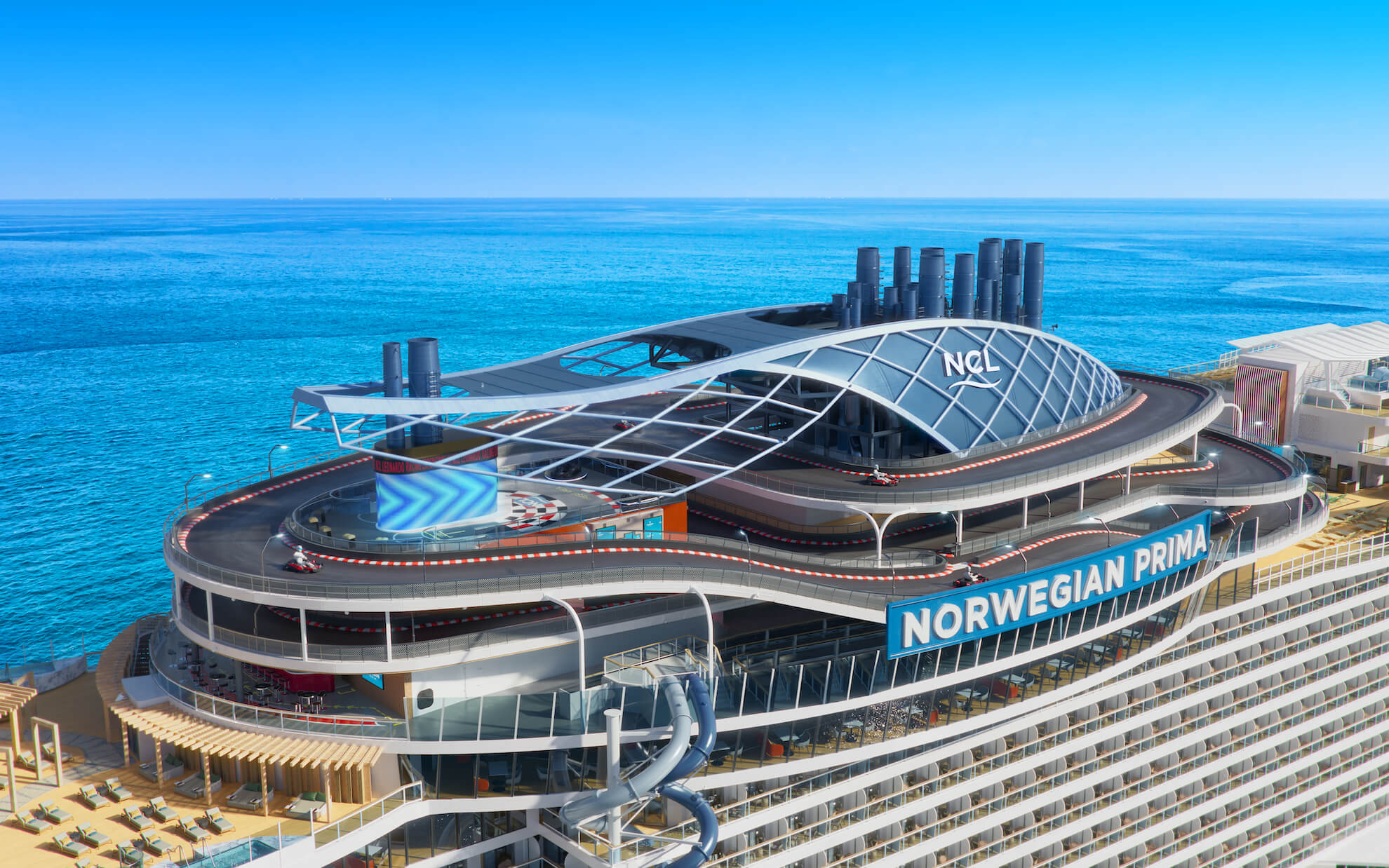 Norwegian Cruise Line Prima Cruise Ship with go-kart track visible on upper deck