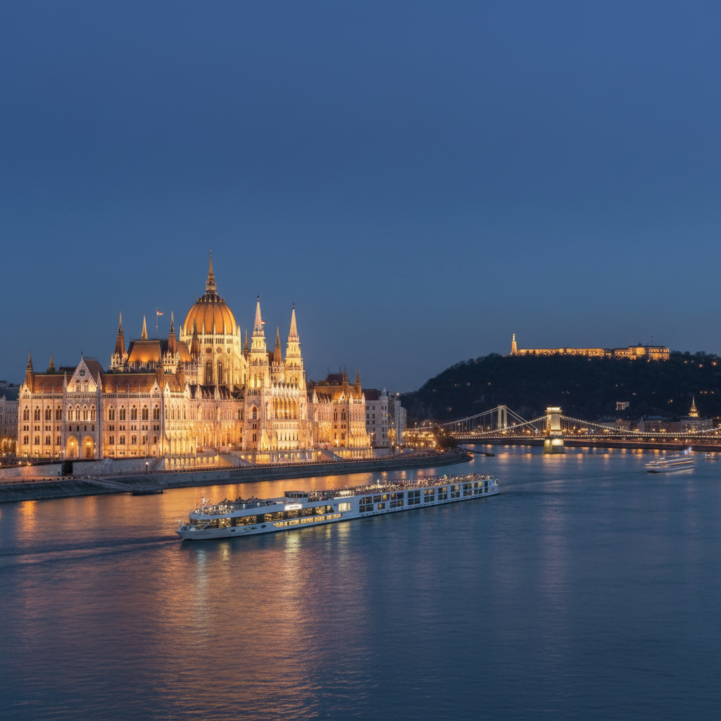 Hungarian Parliament Building illuminated at dusk with river cruise ship and Liberty Bridge