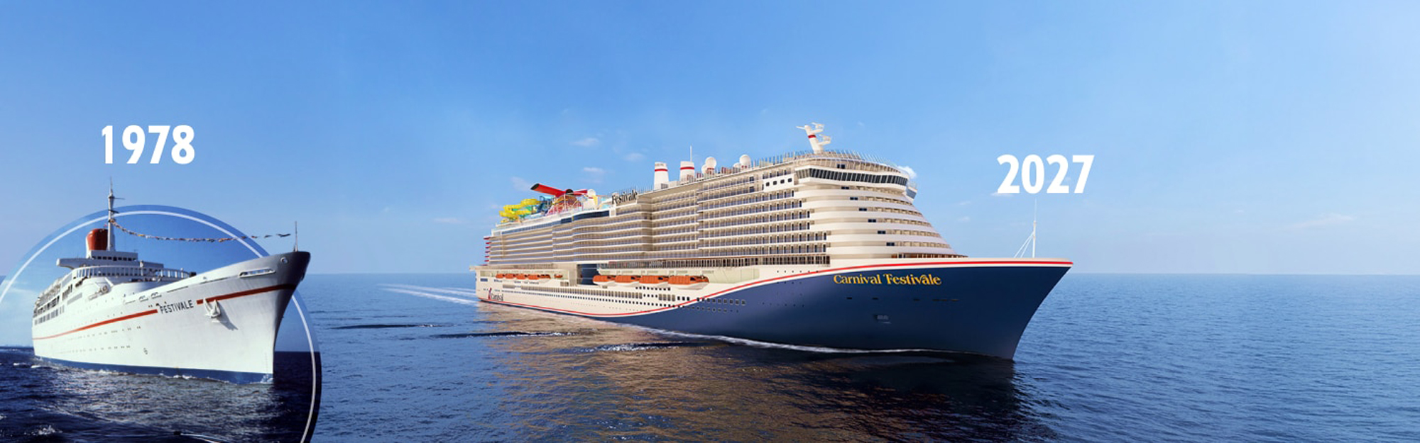 Carnival Cruise Ship Evolution 1978-2027 A comparison image showcasing the dramatic transformation of Carnival cruise ships from a smaller vessel in 1978 to a massive, modern cruise liner in 2027, highlighting technological and design advancements.