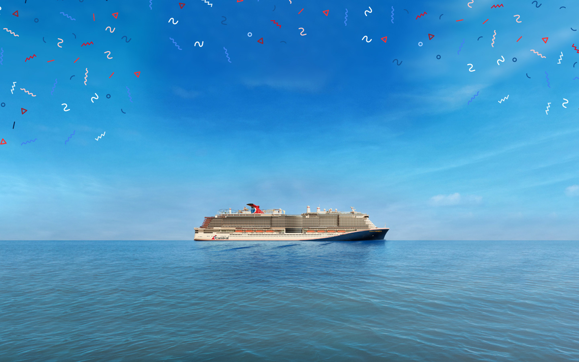 Carnival Cruise Ship on Blue Ocean A large modern Carnival cruise ship sailing on calm, blue waters under a bright sky with festive confetti-like decorations overhead.