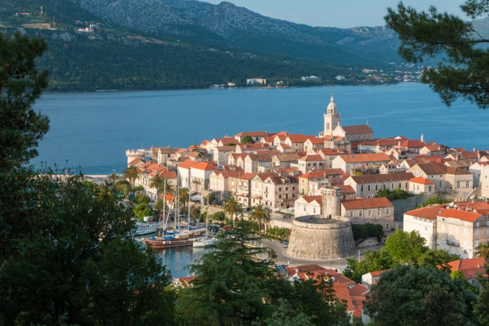 Korcula Old Town Dalmatian Coast Croatia A picturesque medieval walled town on the Dalmatian coast of Croatia, featuring distinctive