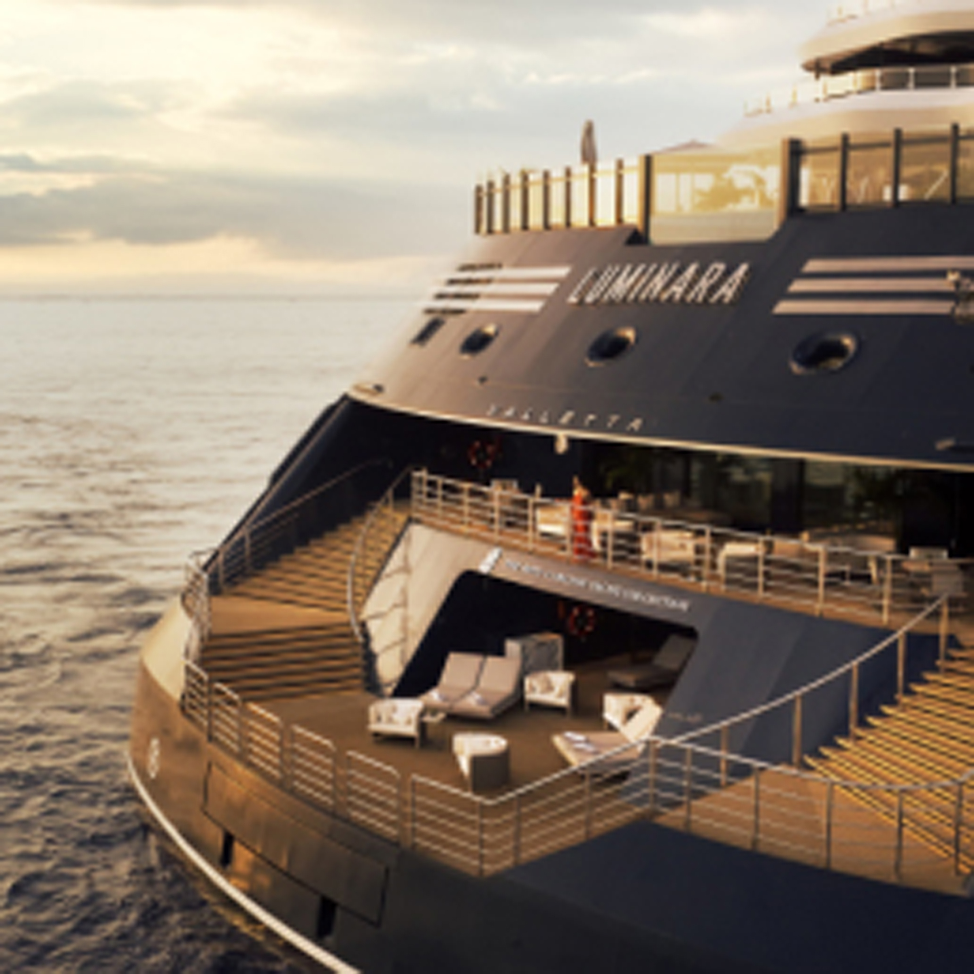 Luminara Luxury Yacht at Sea A sophisticated modern yacht with sleek design, featuring multiple wooden decks and lounging areas against a soft seascape during golden hour light.