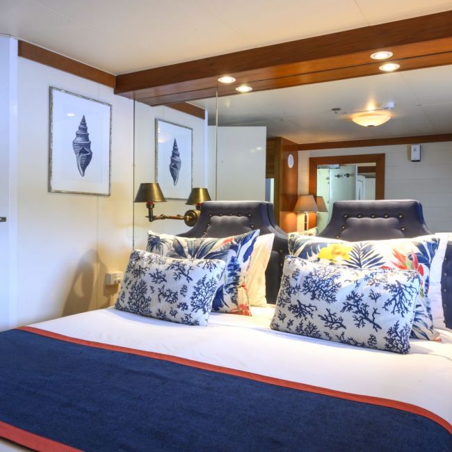 Luxury Cruise Ship Stateroom with Ocean View An elegantly designed cruise ship cabin featuring dual beds with navy upholstered headboards