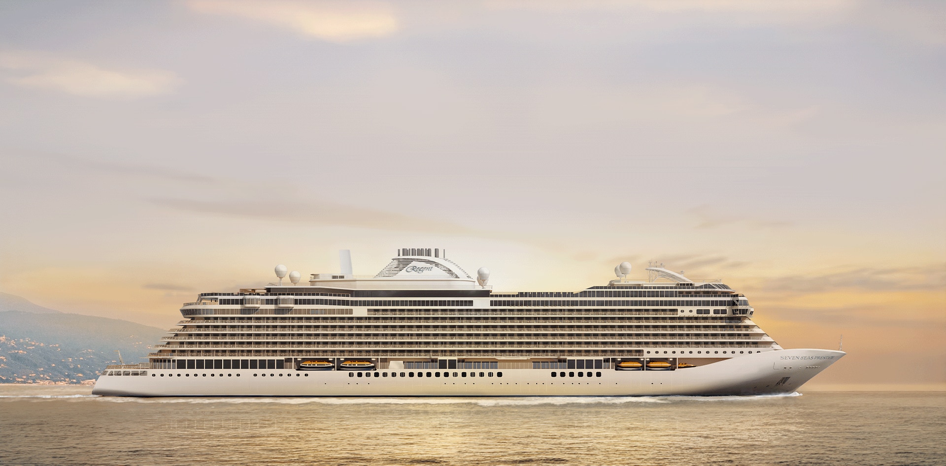 Luxury Cruise Ship at Sunset A large white cruise ship sailing on calm waters during a golden sunset, with mountains visible in the distant background. The vessel appears sleek and modern, with multiple decks and distinctive design.