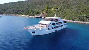 Luxury Cruise Ship in Mediterranean Cove A modern multi-deck cruise ship anchored in a pristine turquoise Mediterranean cove surrounded