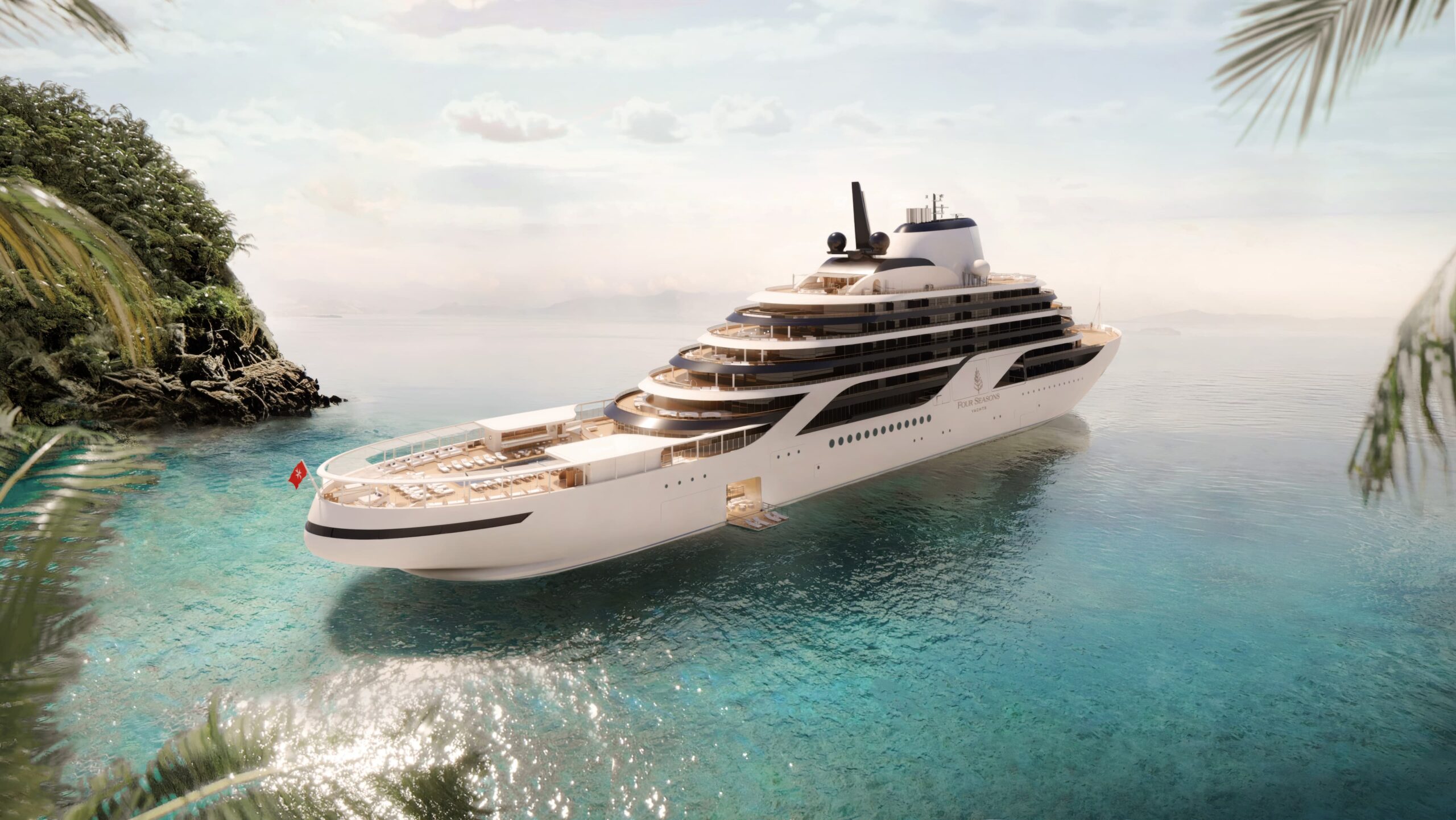Luxury cruise ship anchored in tropical paradise with turquoise waters and lush green island scenery.