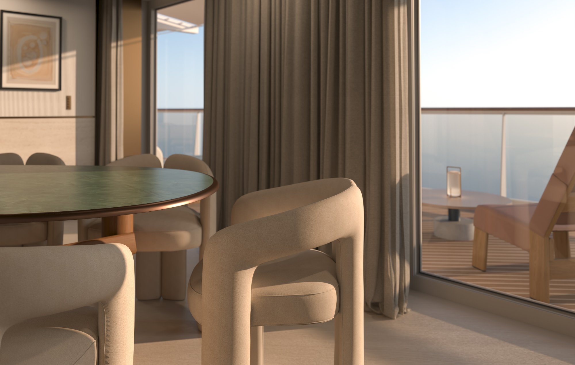 OR2-New-2 Explora Journeys suite bedroom with contemporary European design and ocean views