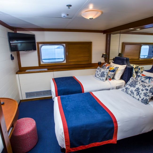 Spacious Cruise Ship Cabin with Twin Beds A well-appointed cruise ship stateroom featuring two twin beds dressed in white linens