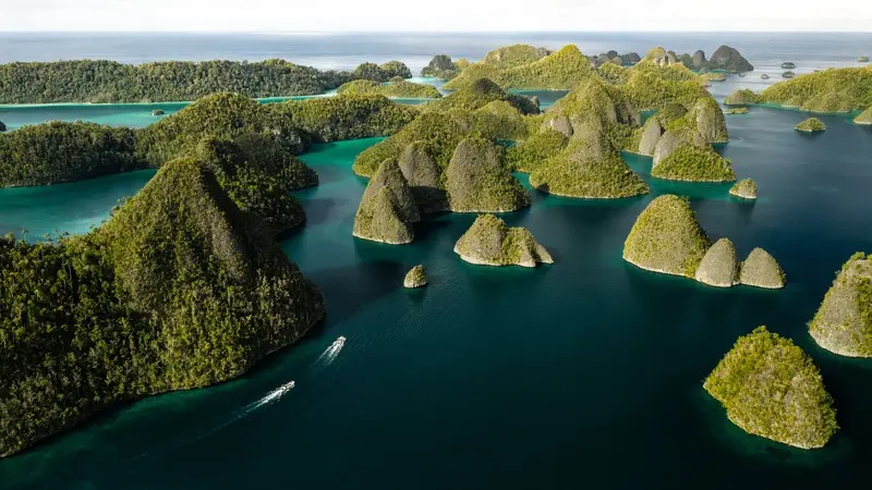 Tropical Island Paradise Aerial View An breathtaking aerial view of lush, limestone karst islands covered in dense green vegetation