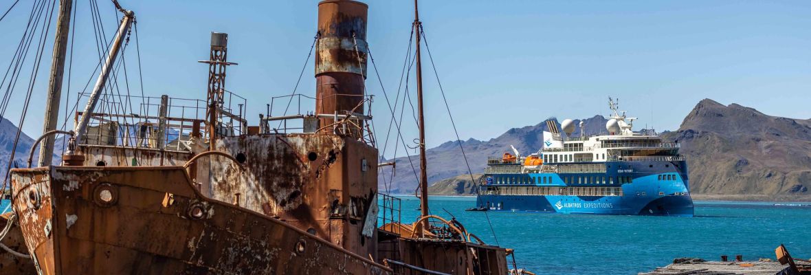 Abandoned Ship and Cruise Vessel in Grytviken A rusted, abandoned whaling ship sits in the foreground of Grytviken harbor in South Georgia, while