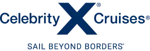 Celebrity Cruises brand logo featuring the distinctive blue X mark with Sail Beyond Borders tagline